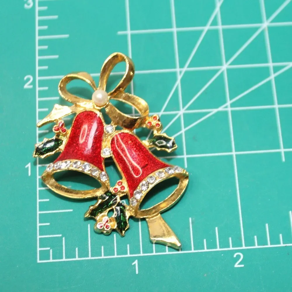 Vintage Christmas Bells Brooch with Holley Rhinestone and Pearl